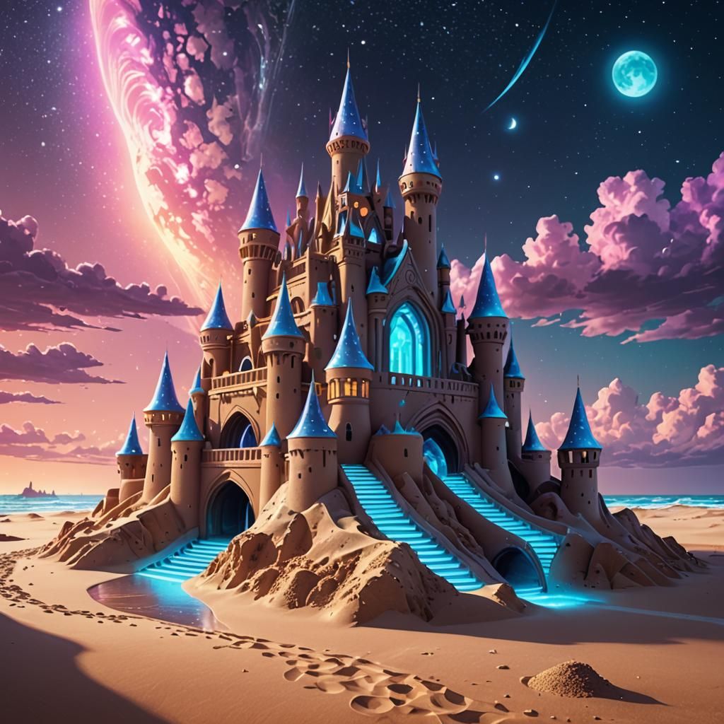Futuristic Sandcastle with Neon Lights in Digital Art