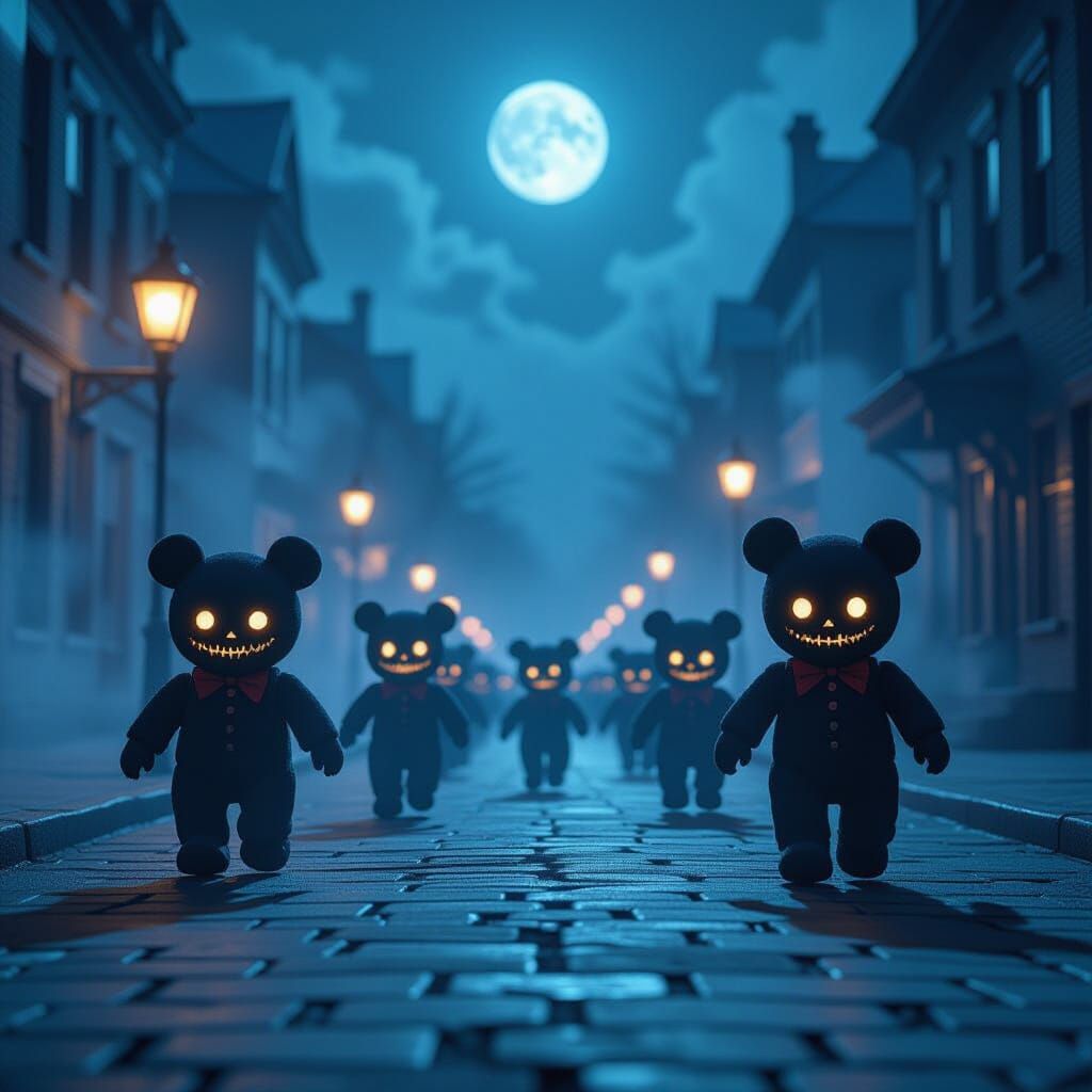 Evil Plush Parade on Moonlit Street