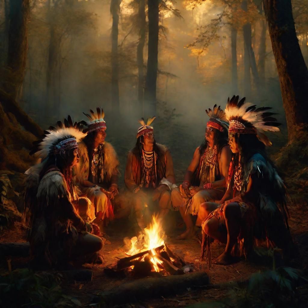 Native Americans Around Campfire in Baroque Style