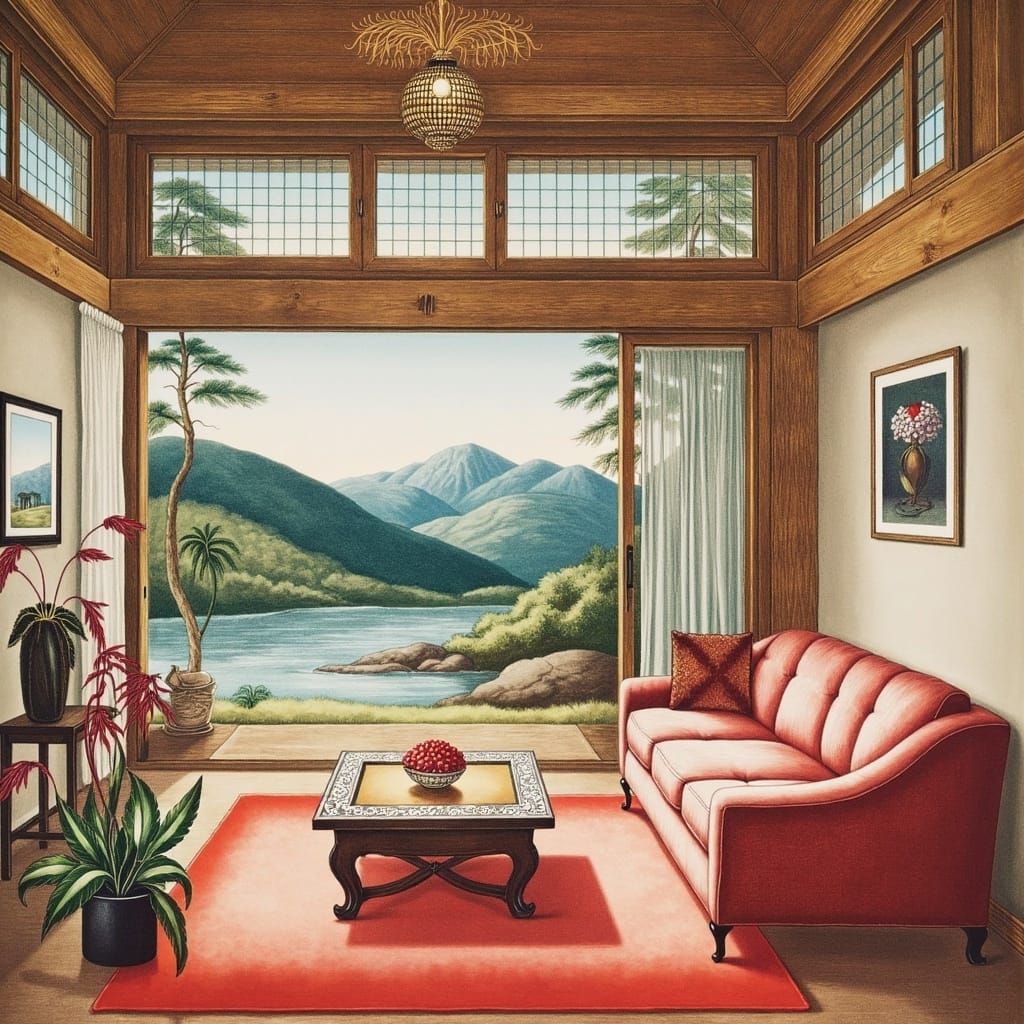 Tokyo Airbnb Interior in Woodblock Print Style