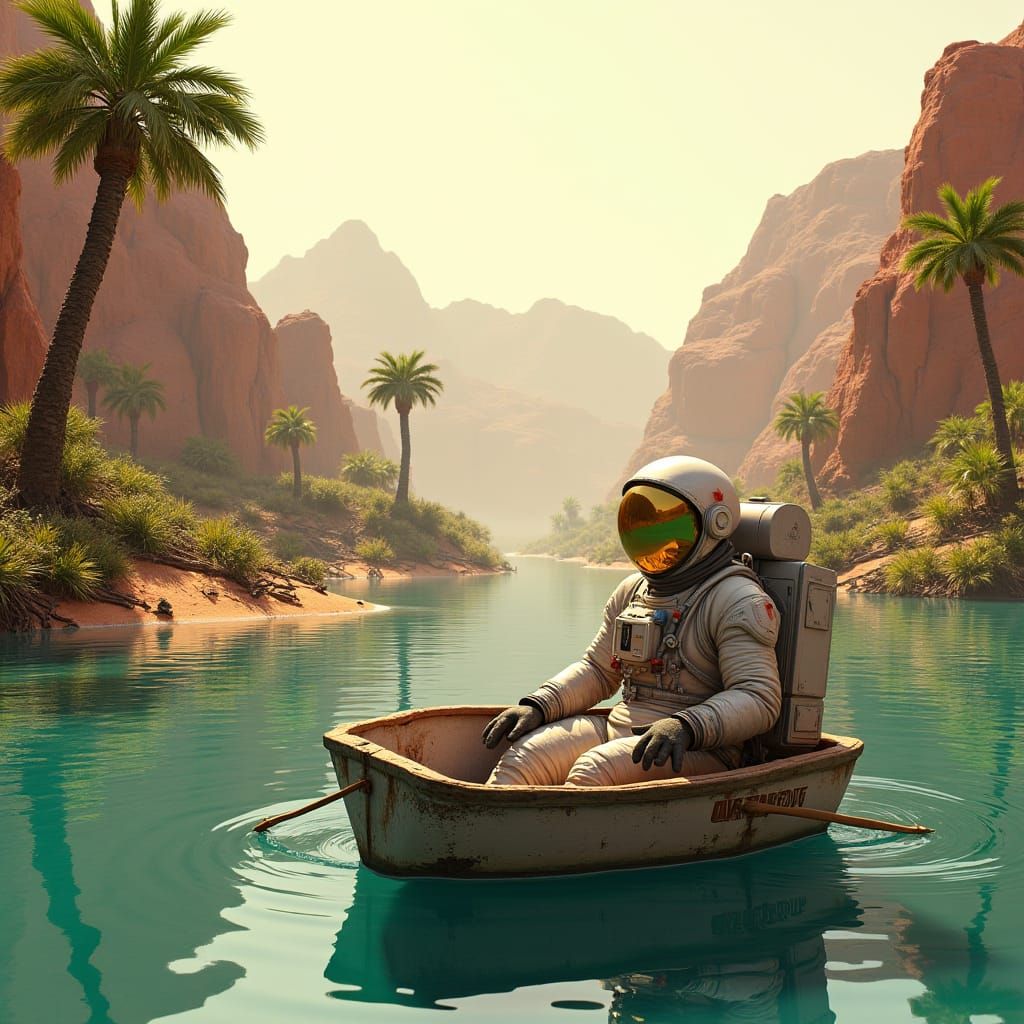 Astronaut's Tranquil Martian River Journey