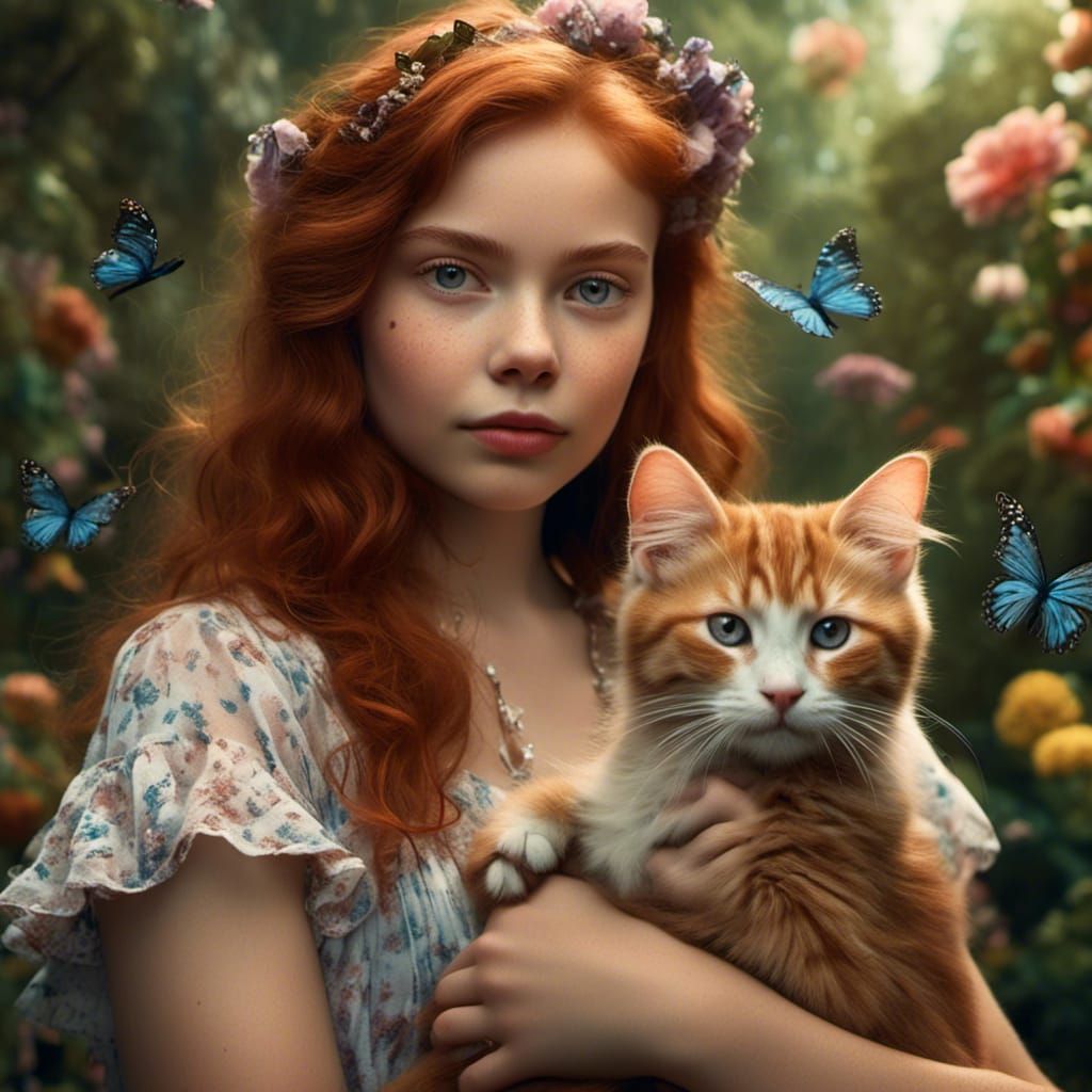 Auburn Girl with Kitten Portrait in Hyperrealism