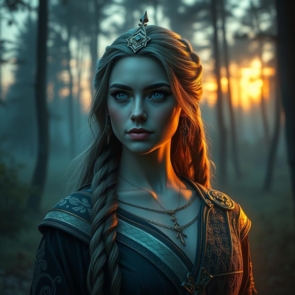 Nordic Woman in Mystical Forest, Detailed Matte Painting