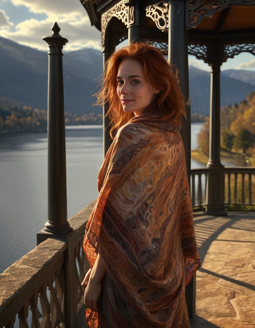 Woman in Chiaroscuro Style Gazebo Scene