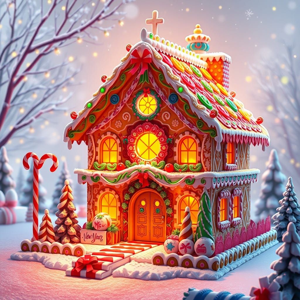 Whimsical New Year's Gingerbread House in Hyper-Realistic Di...