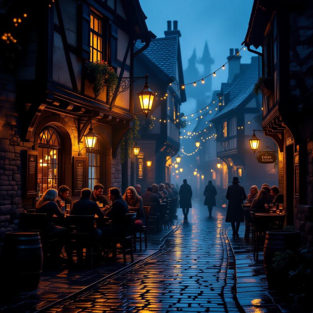 Warm Tavern Glow on Rainy Cobblestone Street