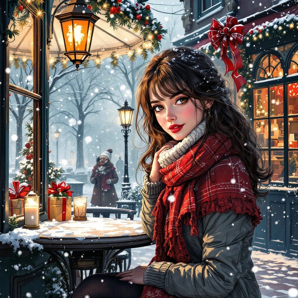 Gorgeous Brunette in Whimsical Winter Cafe