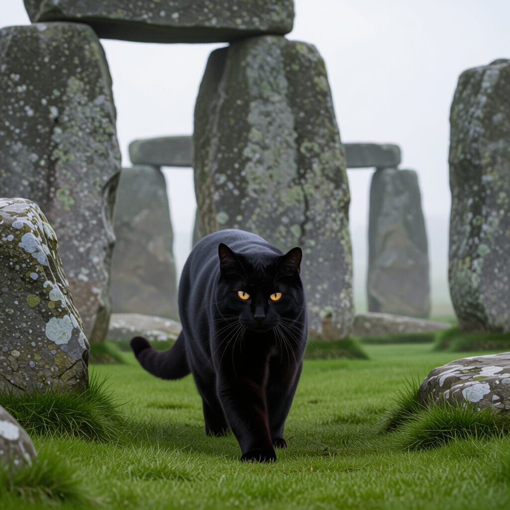 Giant Black Cat at Stonehenge in Misty Dawn