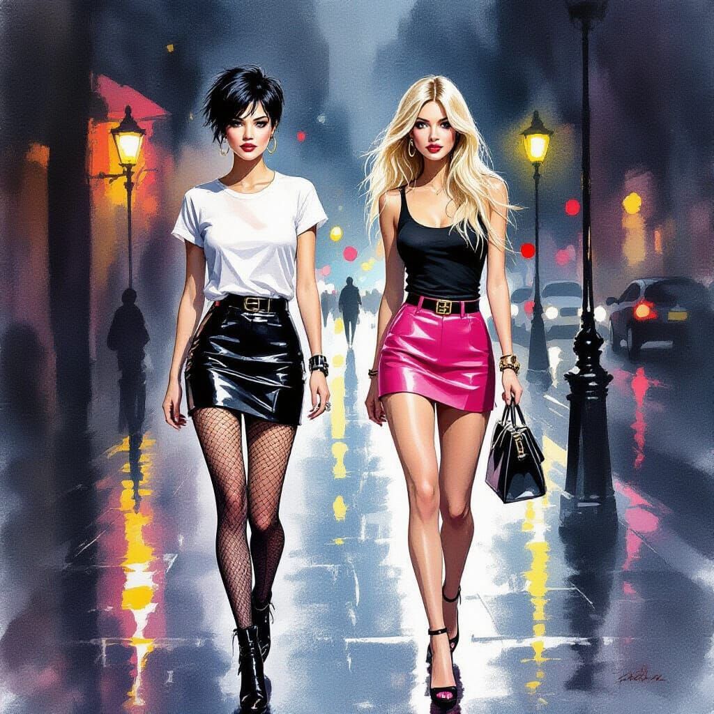 City Walk: Two Women in Impressionistic Watercolor