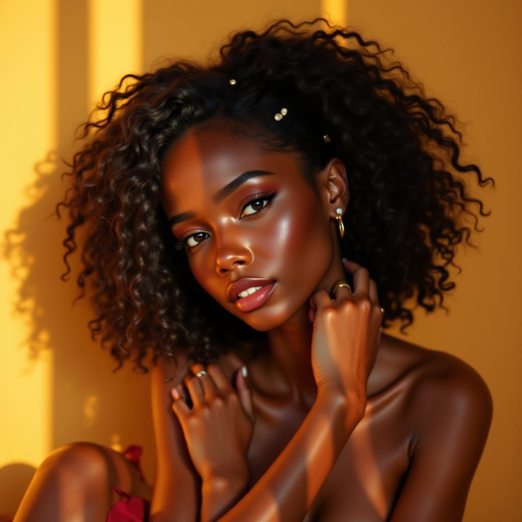 Elegant Black Woman with Vibrant Curly Hair in Warm Golden L...