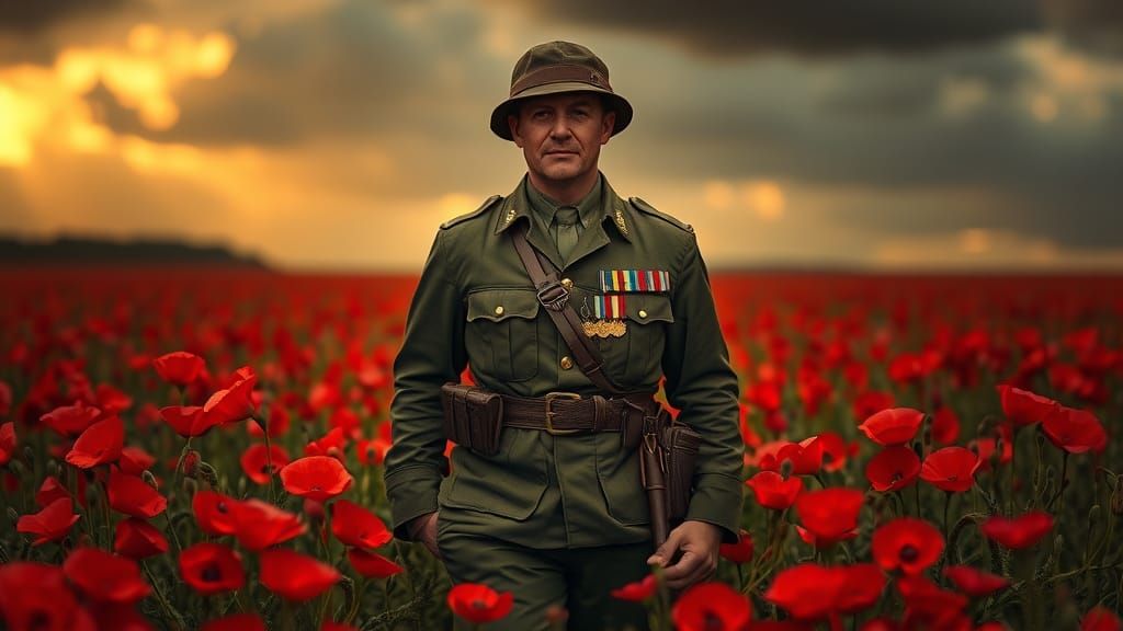 WWI Soldier in Poppy Field: Classic War Art