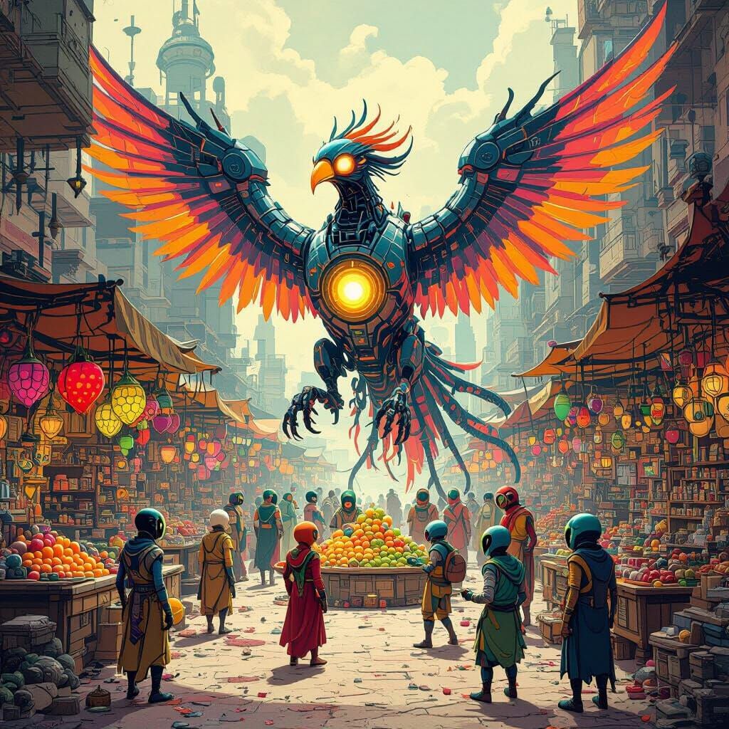 Alien Marketplace with Mechanical Phoenix