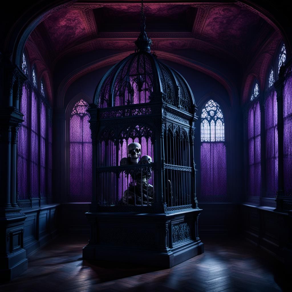 Gothic Victorian Hall with Skulls and Trapped Girl