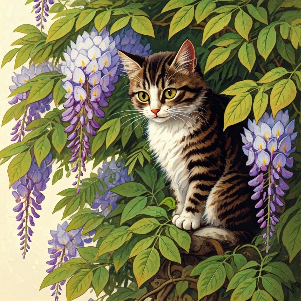 1920s children's book illustration, a cat climbing a wisteria