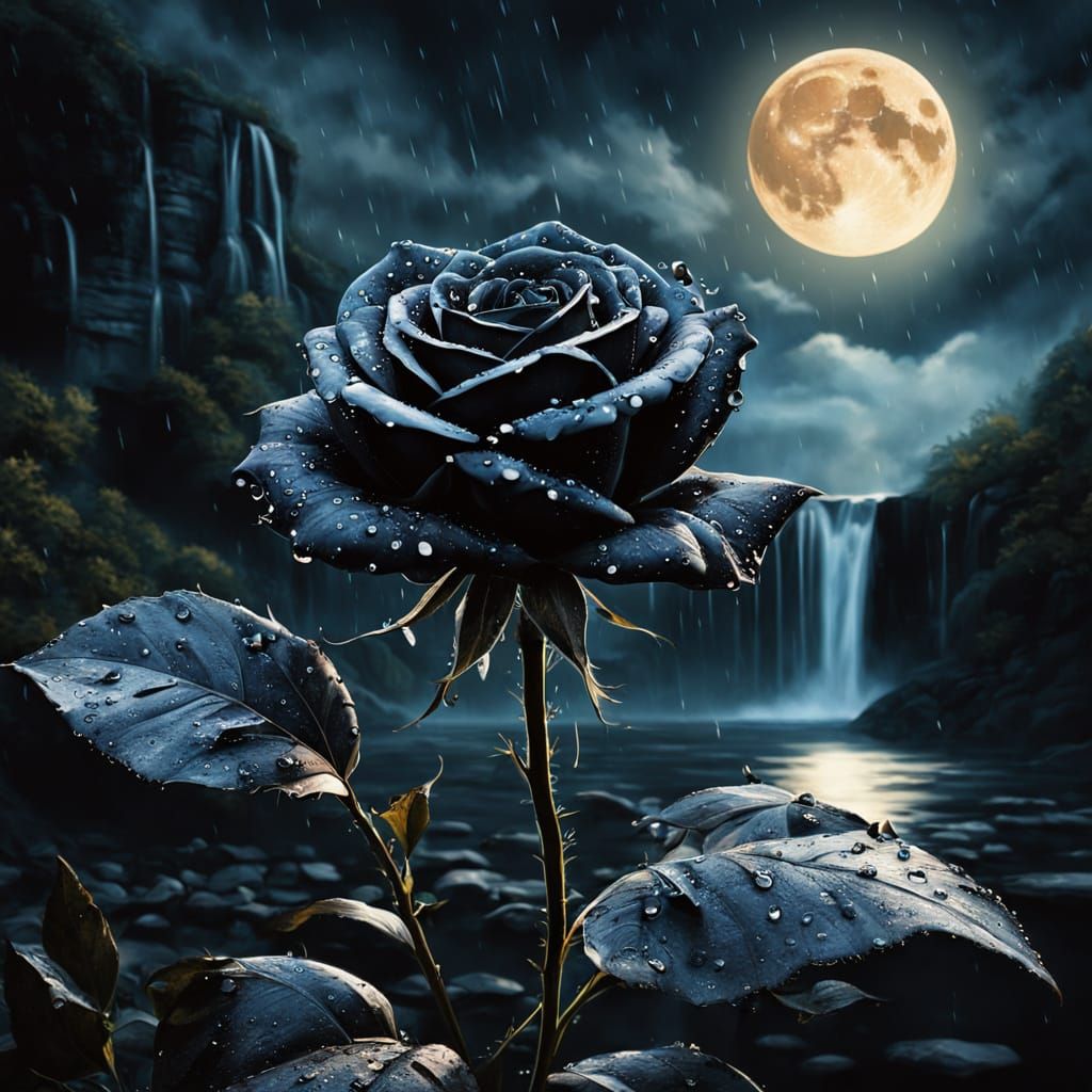 Black Rose Under Moonlight With Waterfall