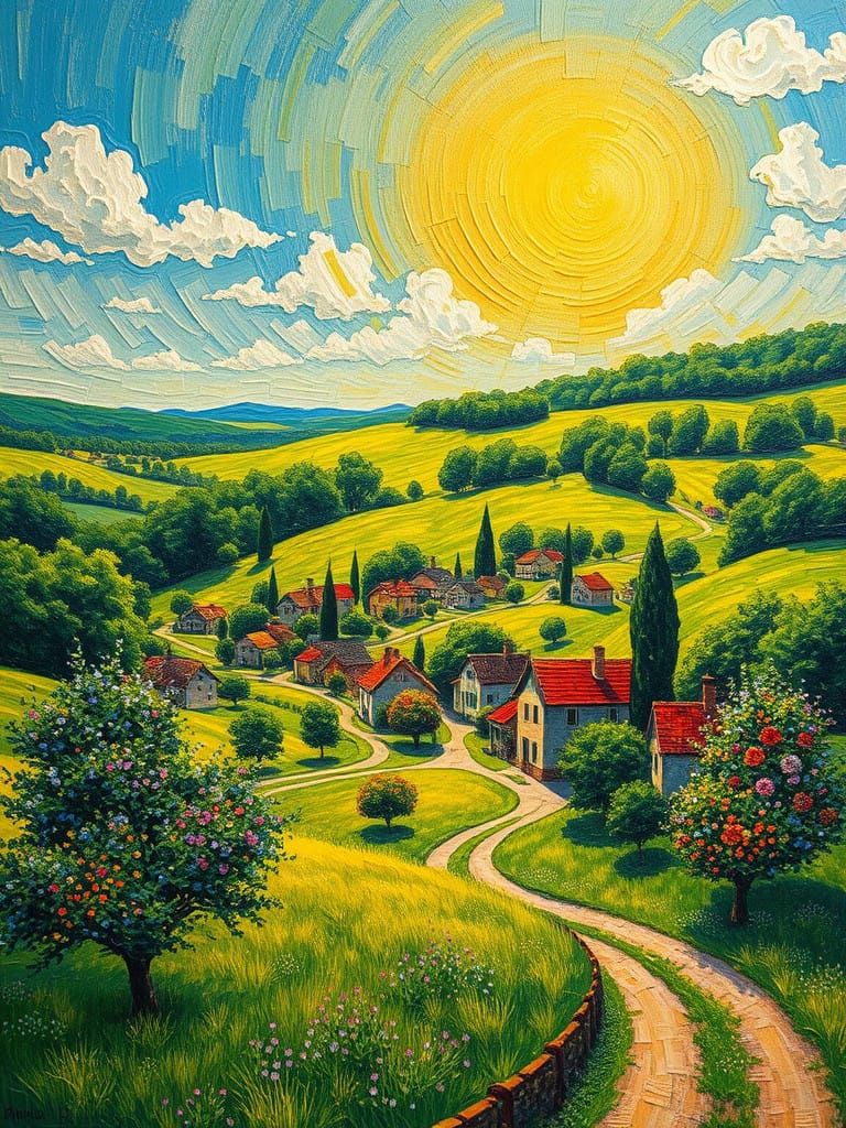 Lush Village in a Vibrant Spring Landscape