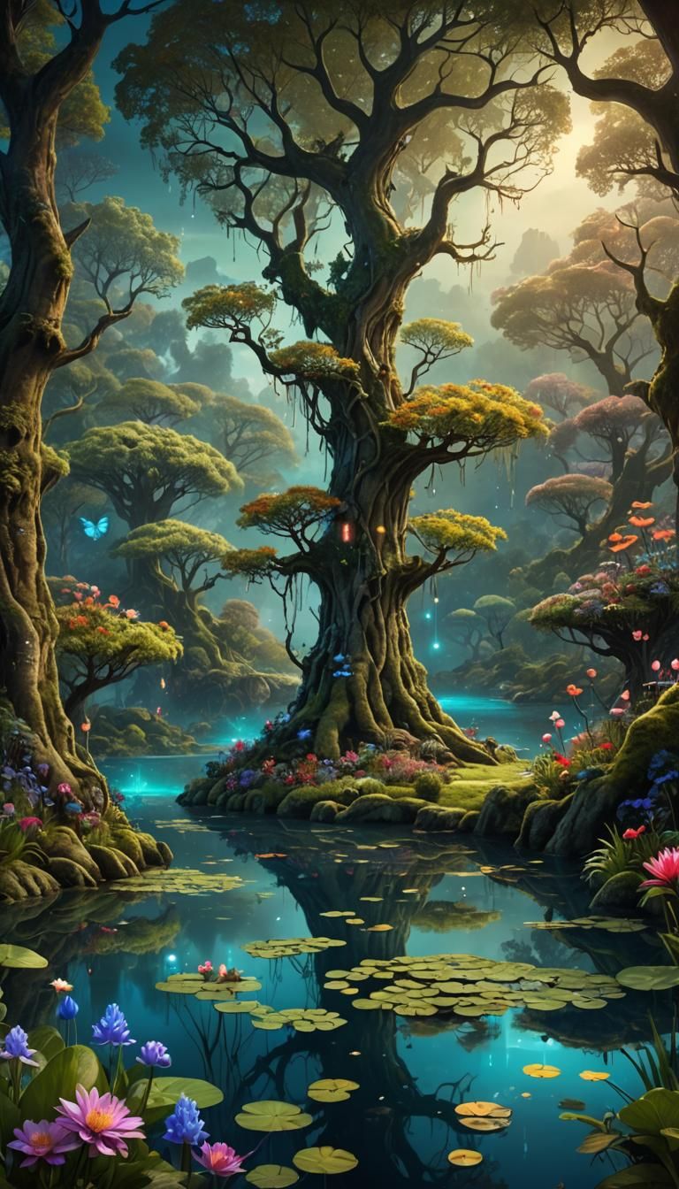 Jardín encantado con un gran lago. El bosque mágico con flor...