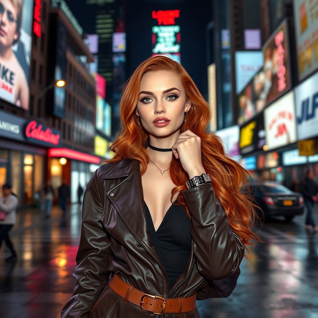Redhead Model Posing in Times Square in Digital Art Style