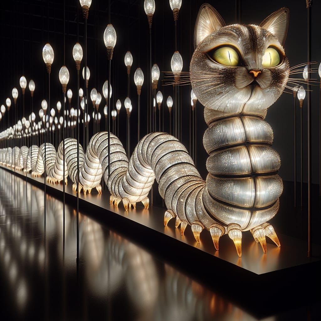 Hyperrealistic Caterpillar Lights with Luminous Cat Heads