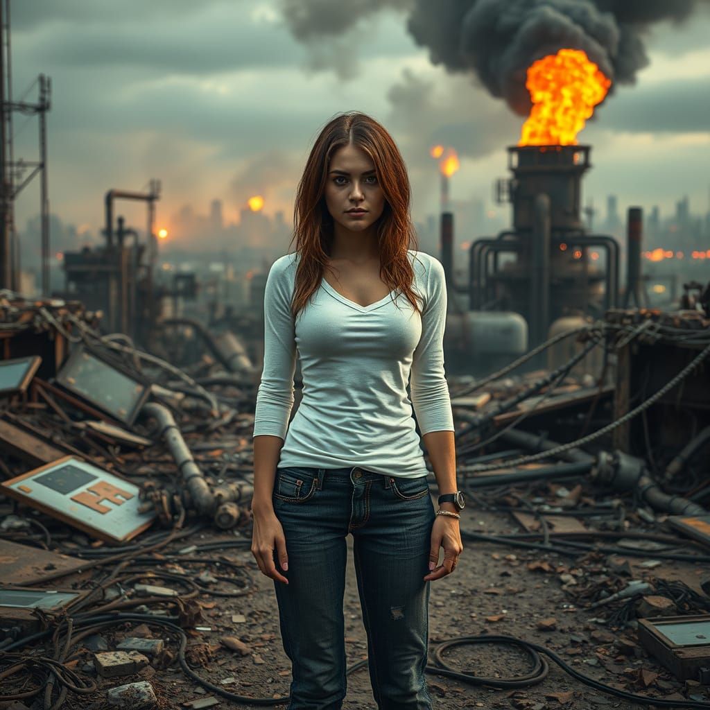Resilient Survivor Amidst Industrial Ruins in a Dystopian La...