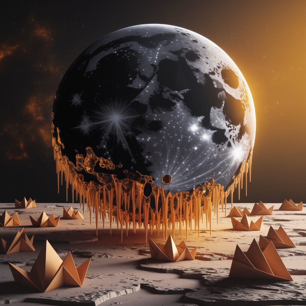 Surreal Moon Sunrise with Melting Rocks and Origami Peaks