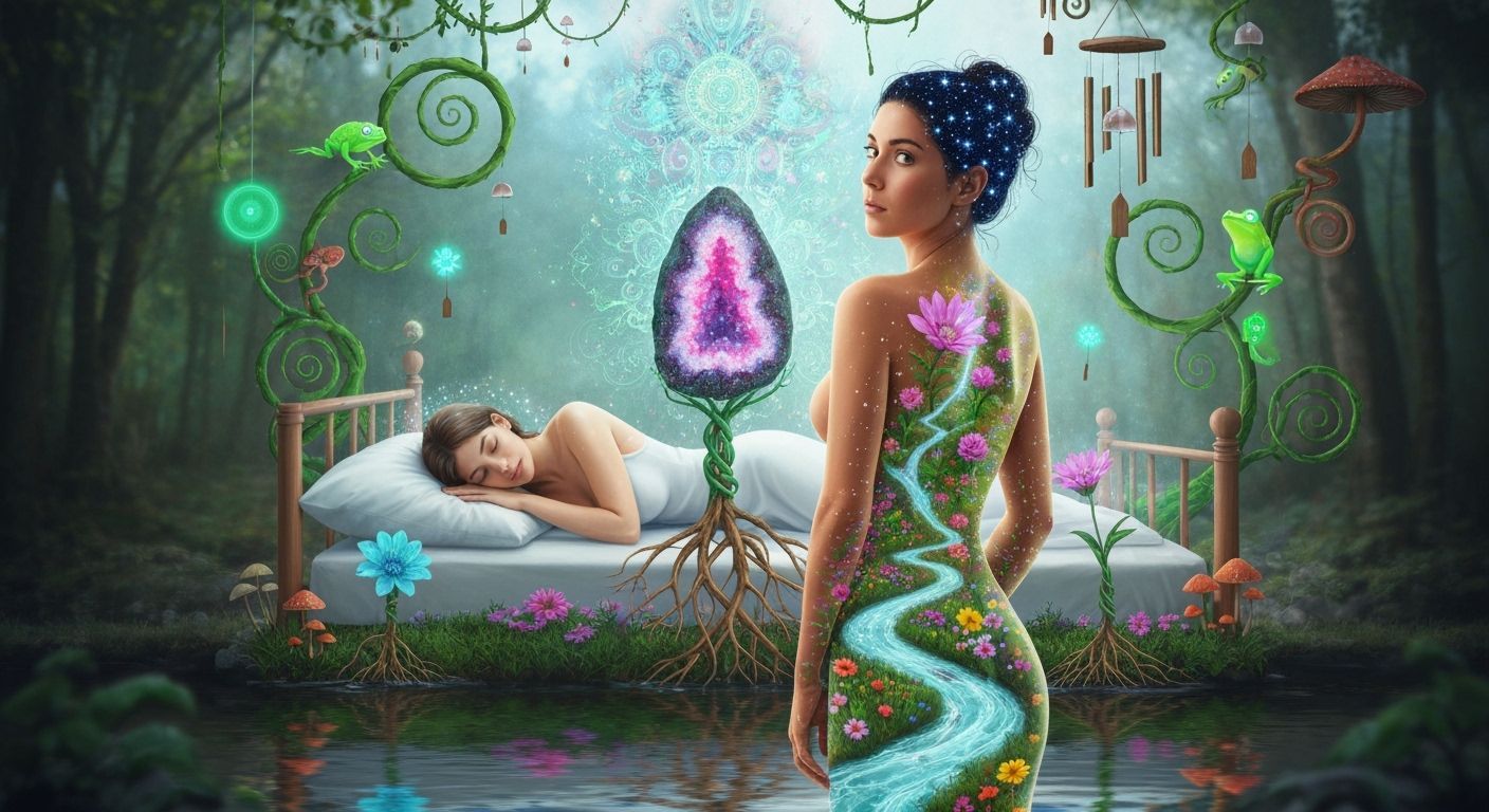 Surreal Artwork: Woman Merging with Lush, Cosmic Garden