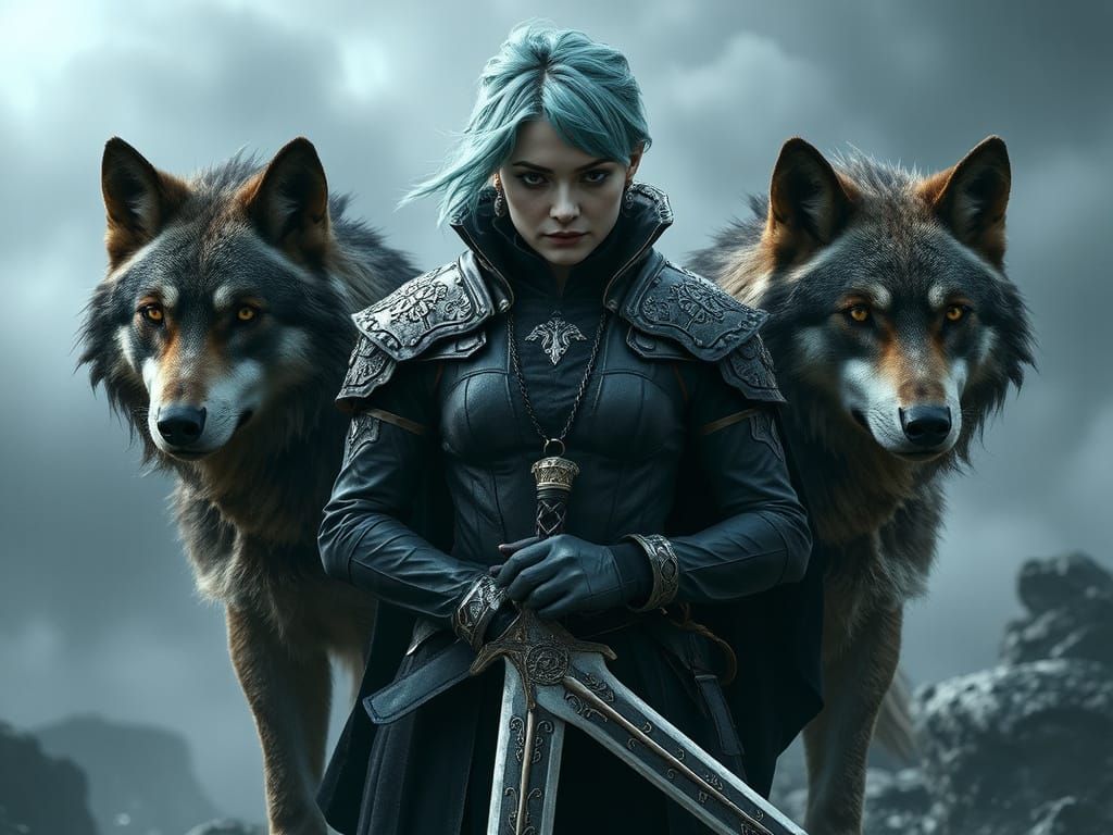 Gothic Dark Fantasy Warrior with Turquoise Hair and Wolves