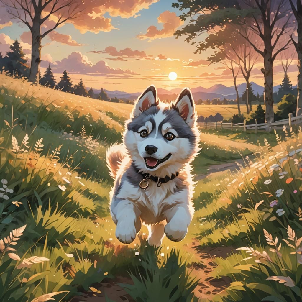 Cute Husky Puppy in Anime Watercolor Style