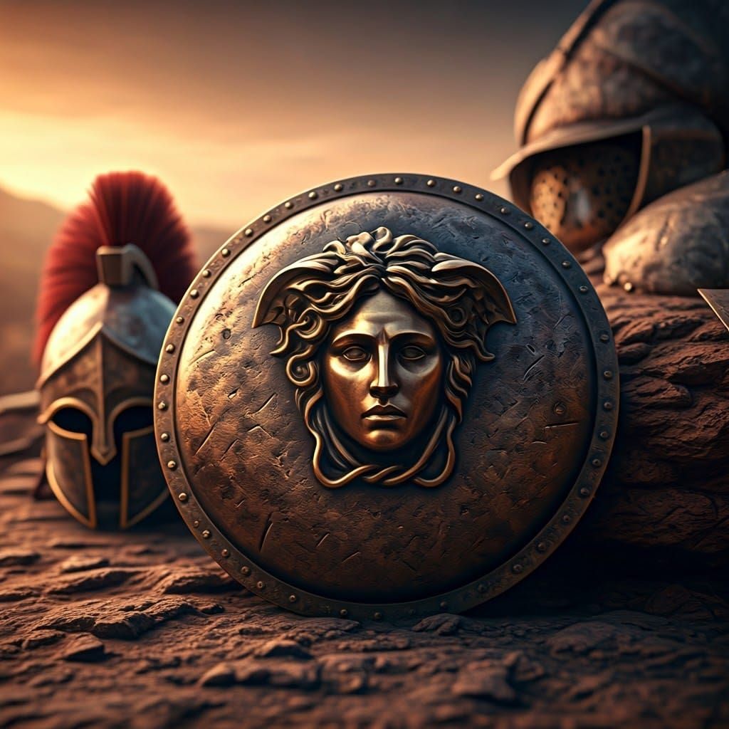Battle-Hardened Spartan Shield in Golden Mediterranean Sunse...
