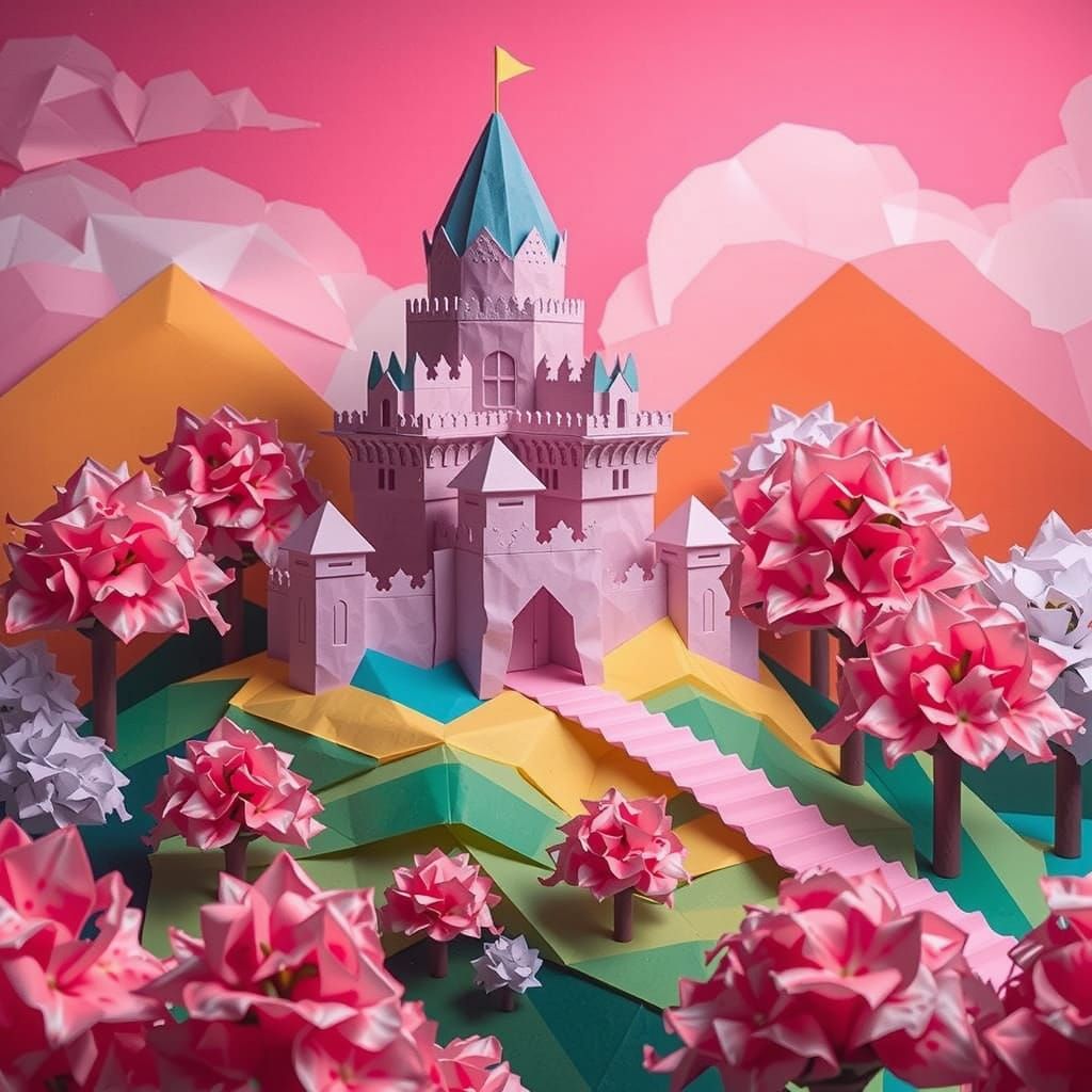 Fantasy Origami Castle with Cherry Blossoms