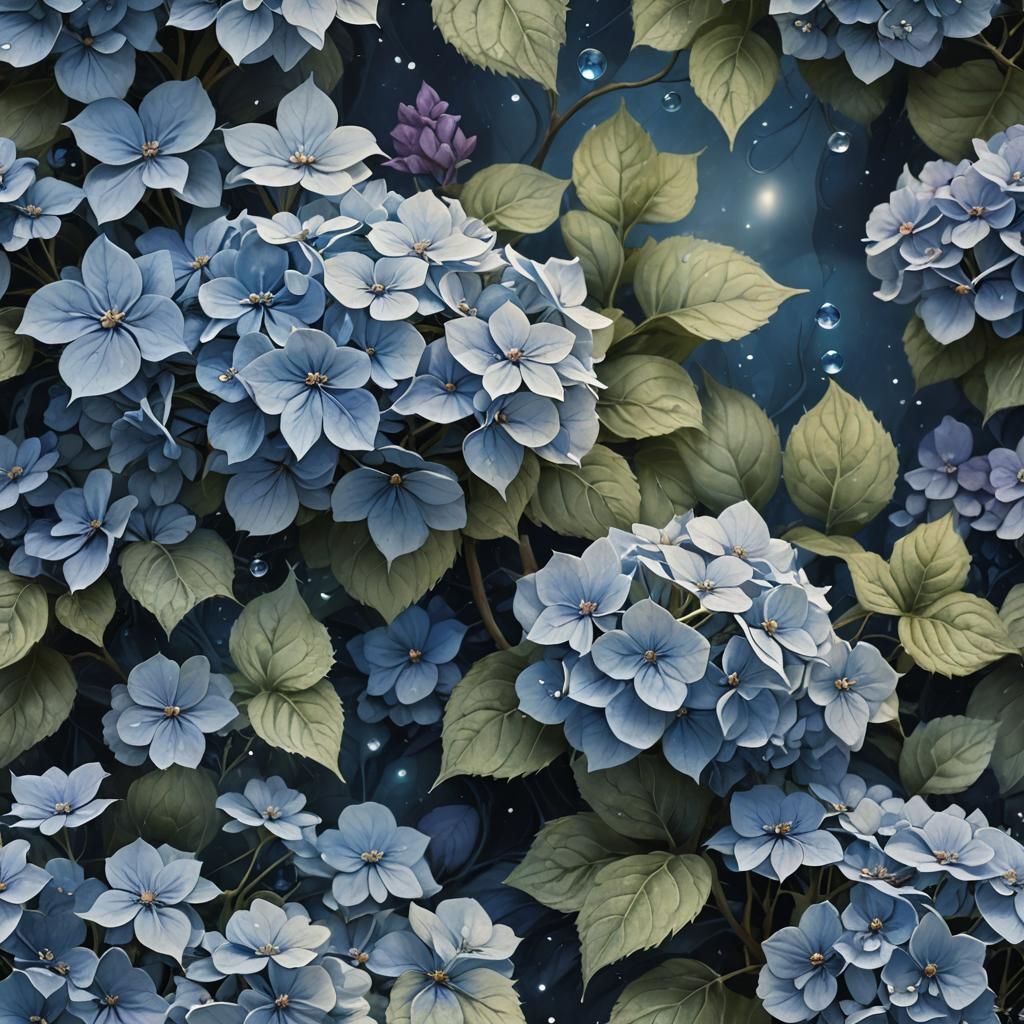 Blue Hydrangea in Moonlit Garden: Digital Matte Painting