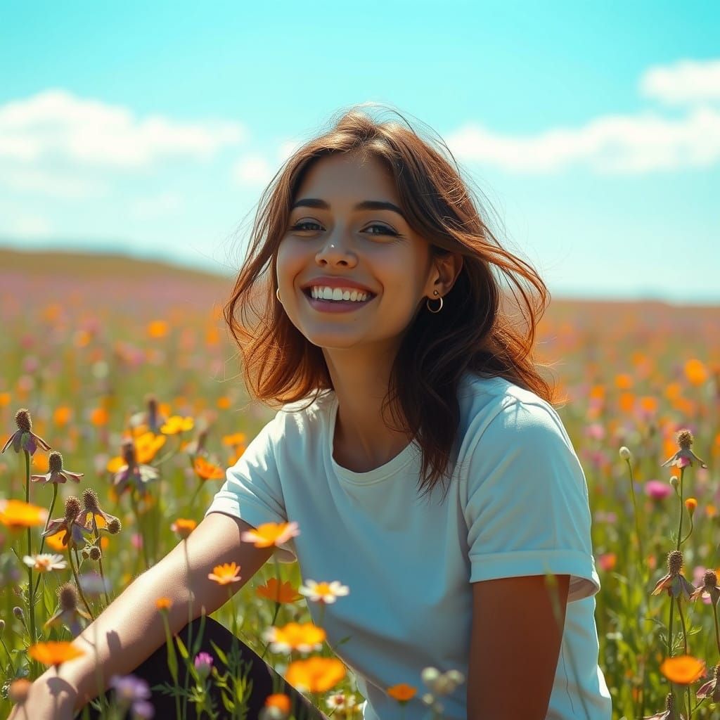 Joyful Woman in a Vibrant Prairie Landscape