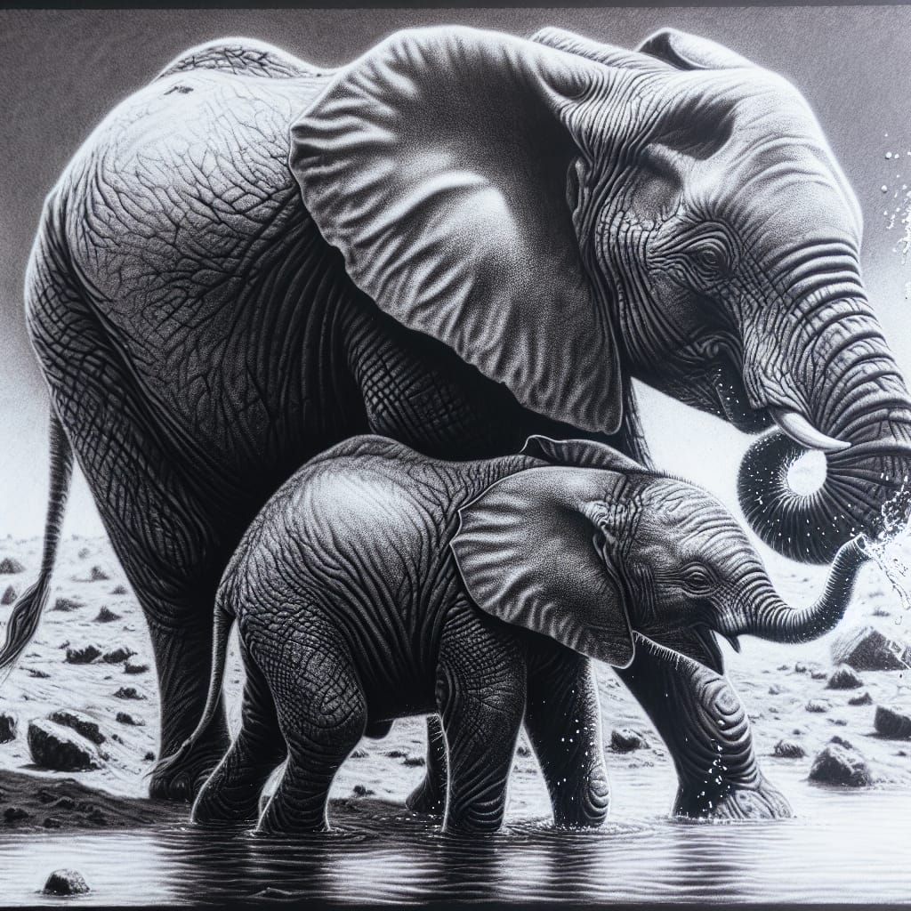 Engraved Charcoal Drawing: Mother and Baby Elephant