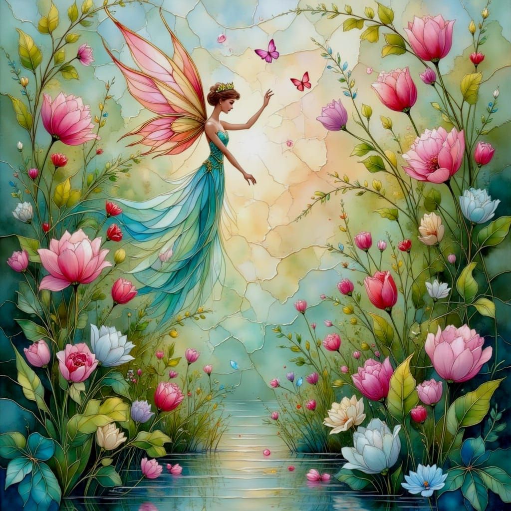 Pastel Mosaic Fairy Garden with Water Reflections