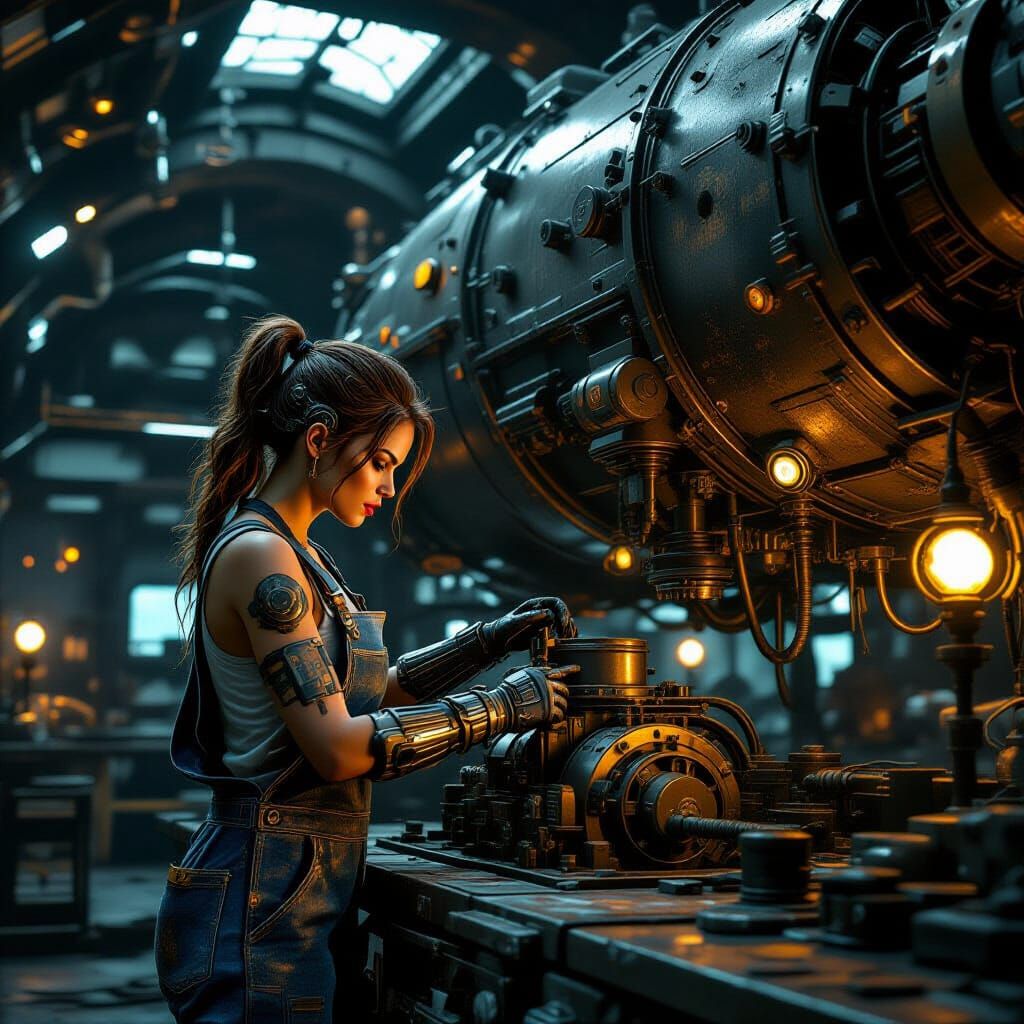 Steampunk Mechanic with Cybernetics on Airship Engine