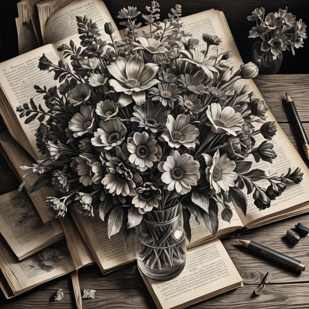 Vintage Storybook Flowers in Charcoal Illustration