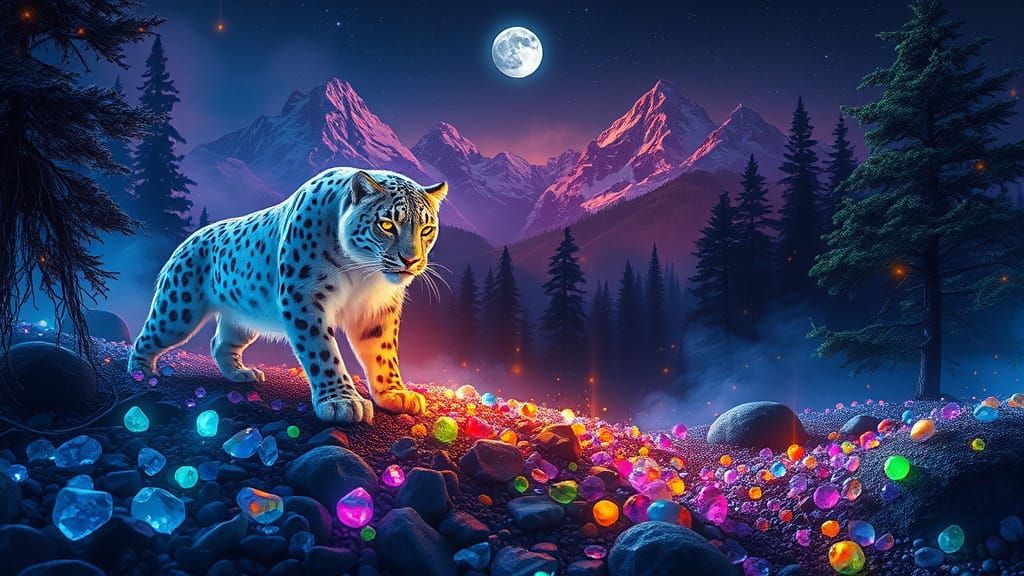 Enchanted Crystal Forest Illuminated by Neon Lights and Biol...