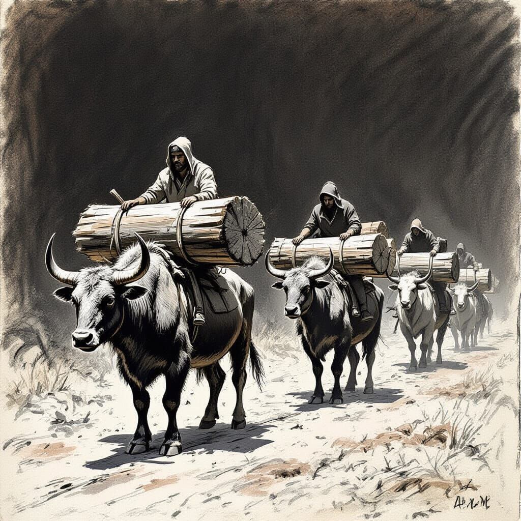 Animal Transport Before Wheels Charcoal Sketch