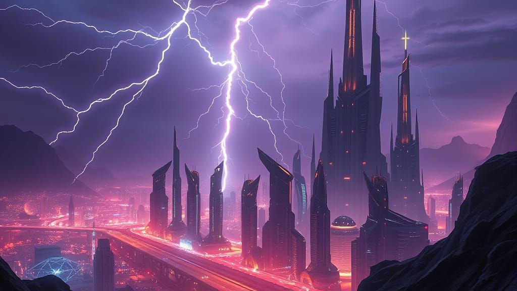 Electric Storm Illuminates a Futuristic Metropolis on a Dist...