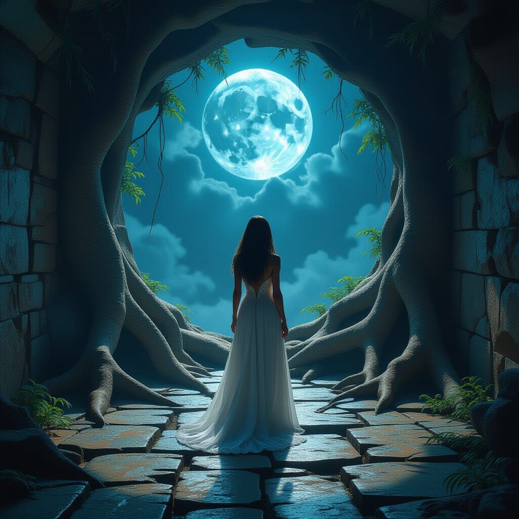 Mystical Moonlight Illuminates Ancient Tree Roots