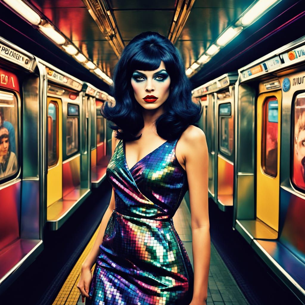 Cross-dresser Poses in Subway: Retro Glam Pop Art