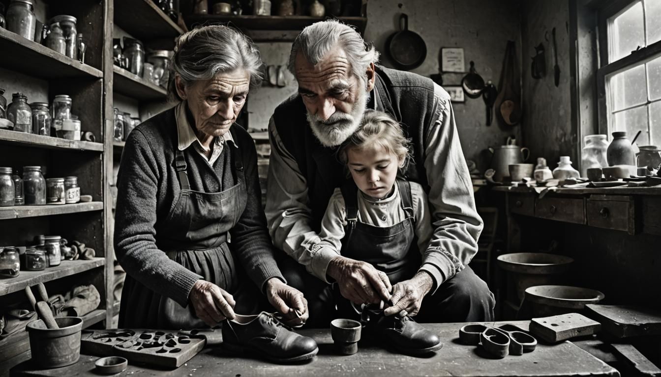 Cobbler Teaching Shoe Mending in Black and White