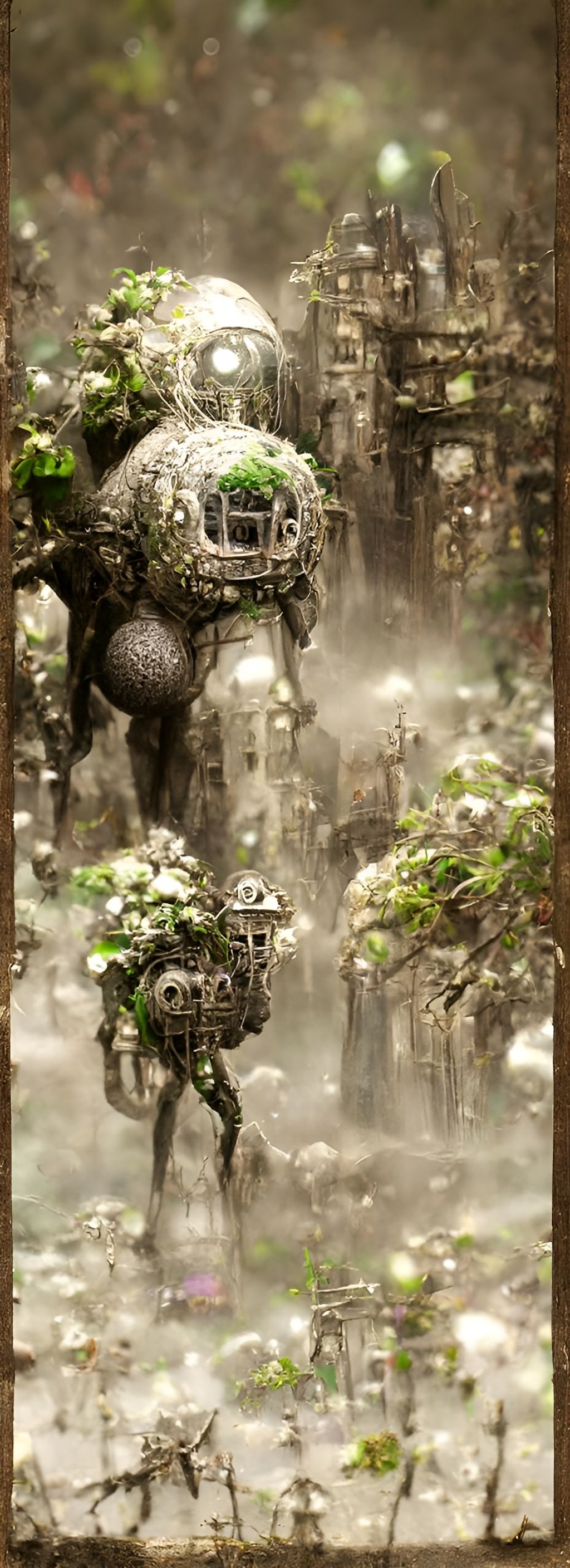 Dieselpunk Golem in Biopunk Cityscape