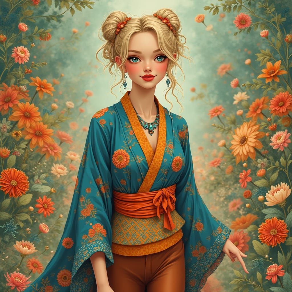 Elegant Woman in Floral Kimono with Turquoise Jewelry