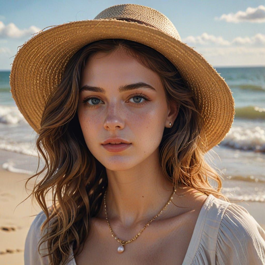 Woman in Straw Hat on Beach, Realistic Digital Painting