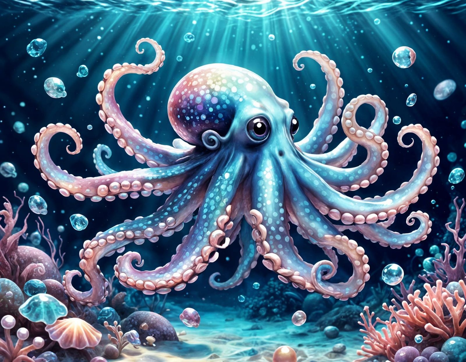Cute Holographic Octopus in a Vibrant Underwater Scene