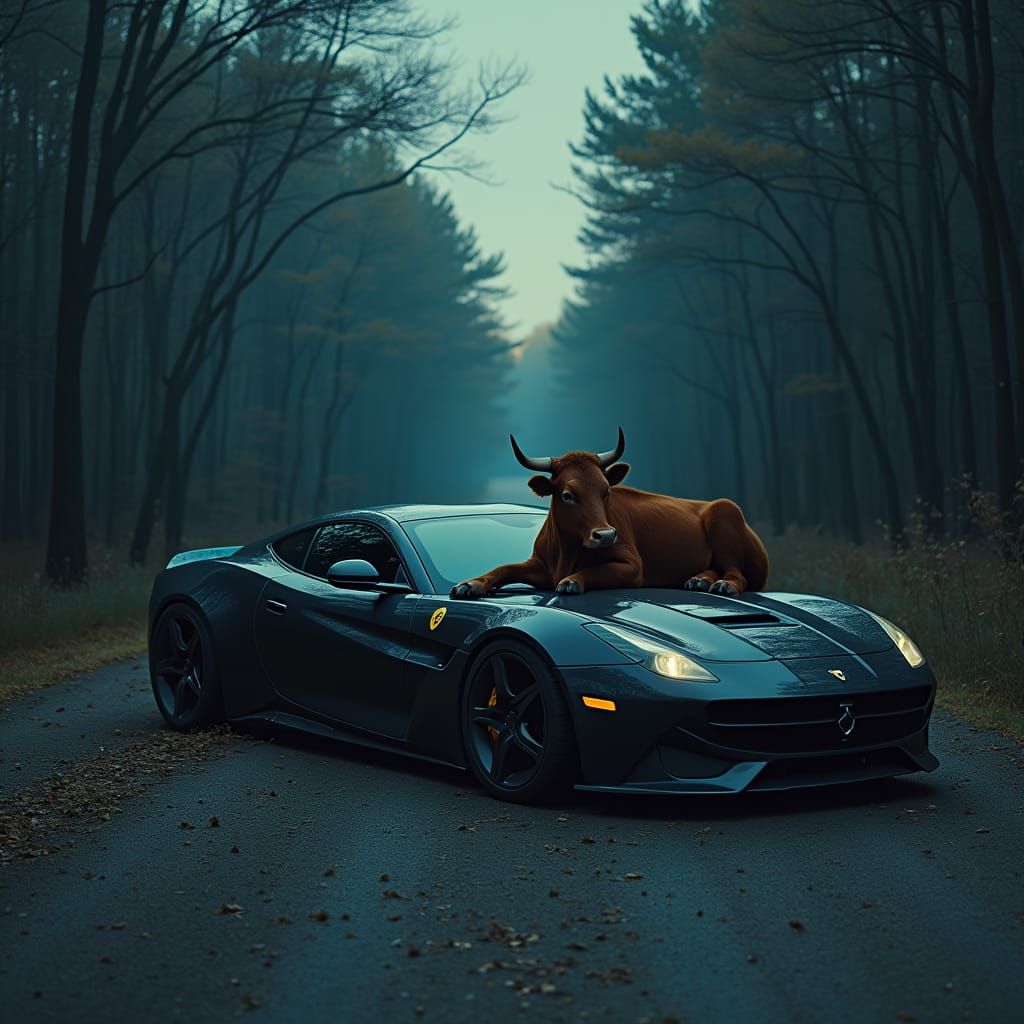 Mysterious Abandoned Car Scene in Dark Forest