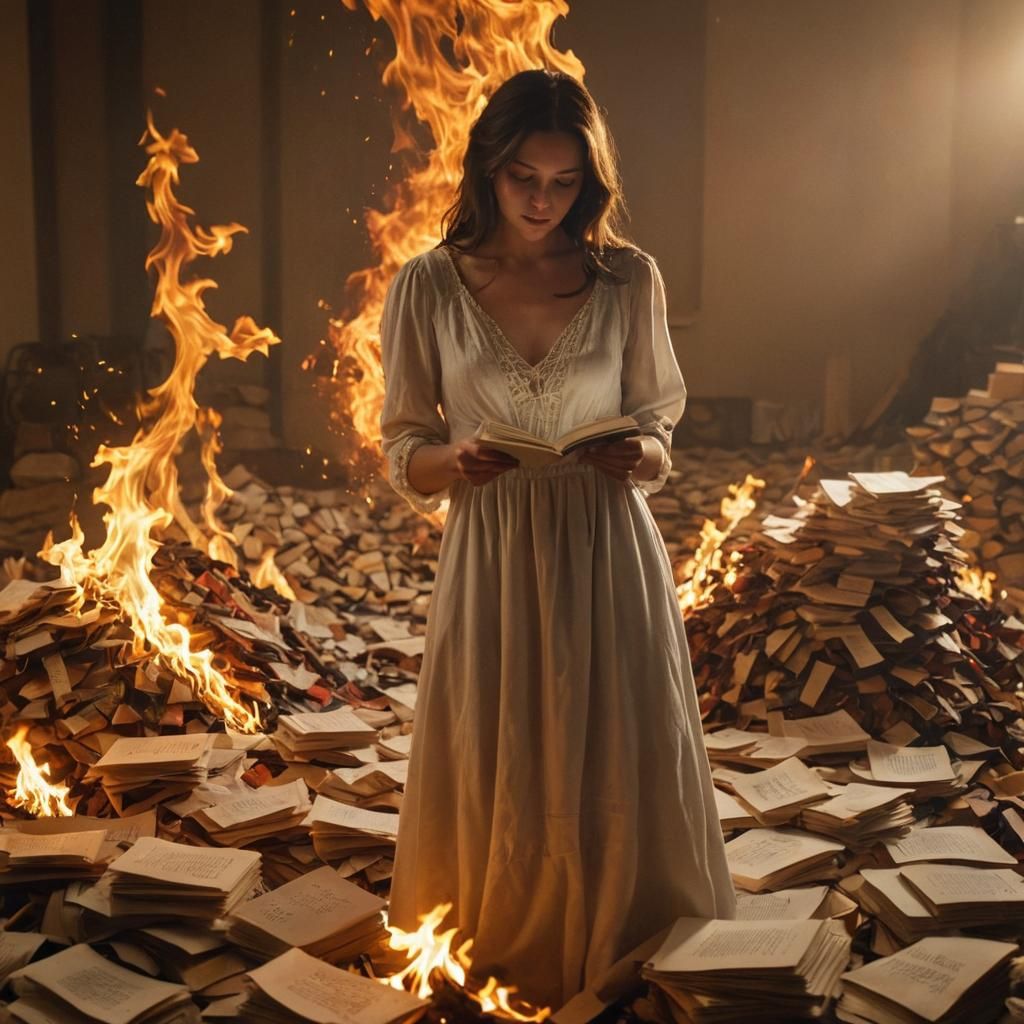 Photorealistic Woman Burns Letters in Golden Light