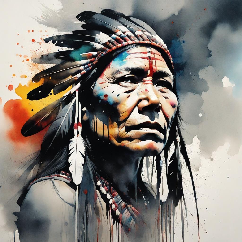 Intricate Double Exposure Watercolor Painting of American In...