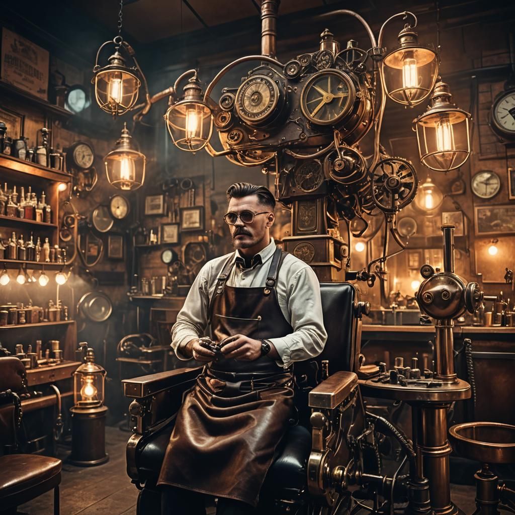 Cyberpunk Barber in Steampunk Victorian Shop
